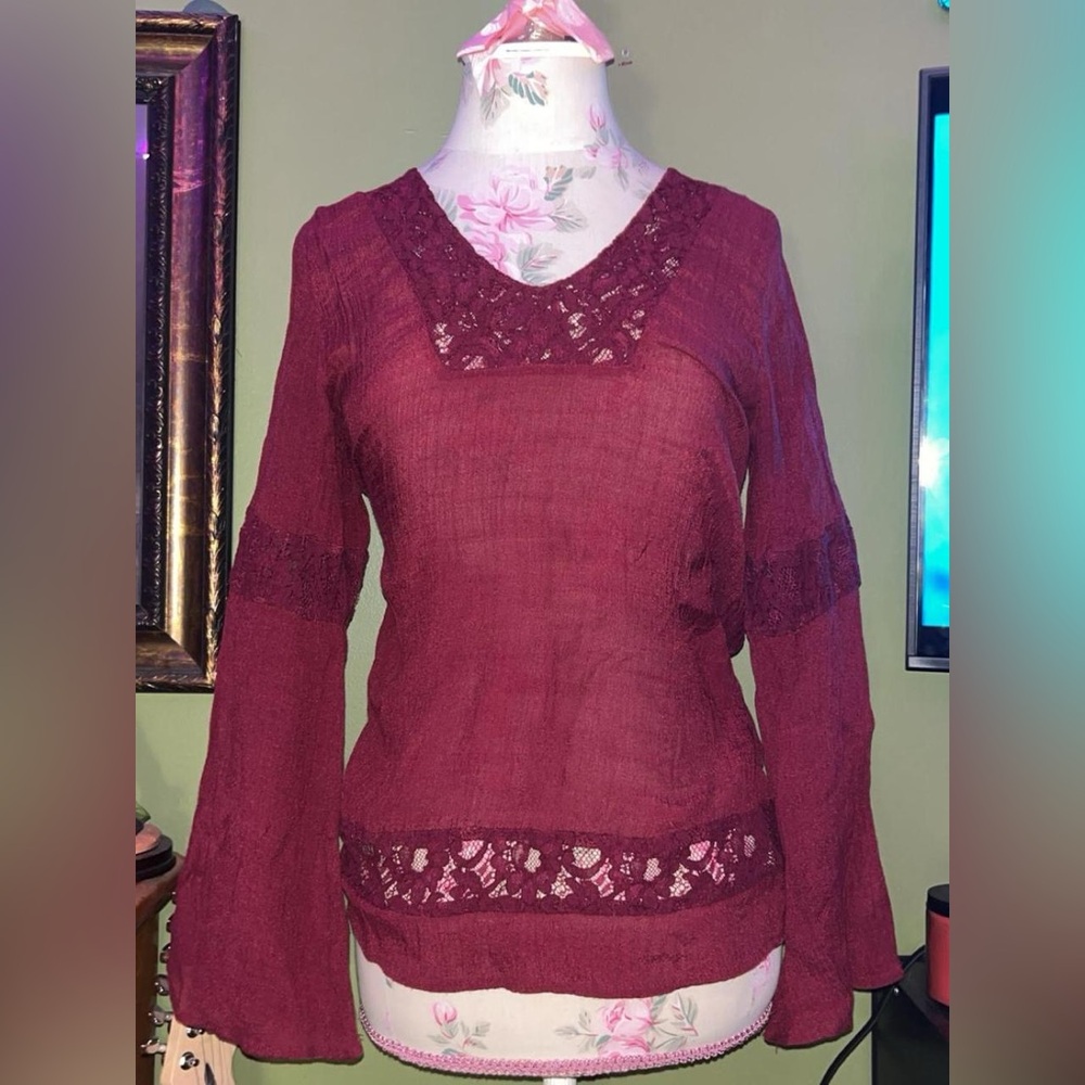 Living Doll Burgundy Lace Accent Blouse